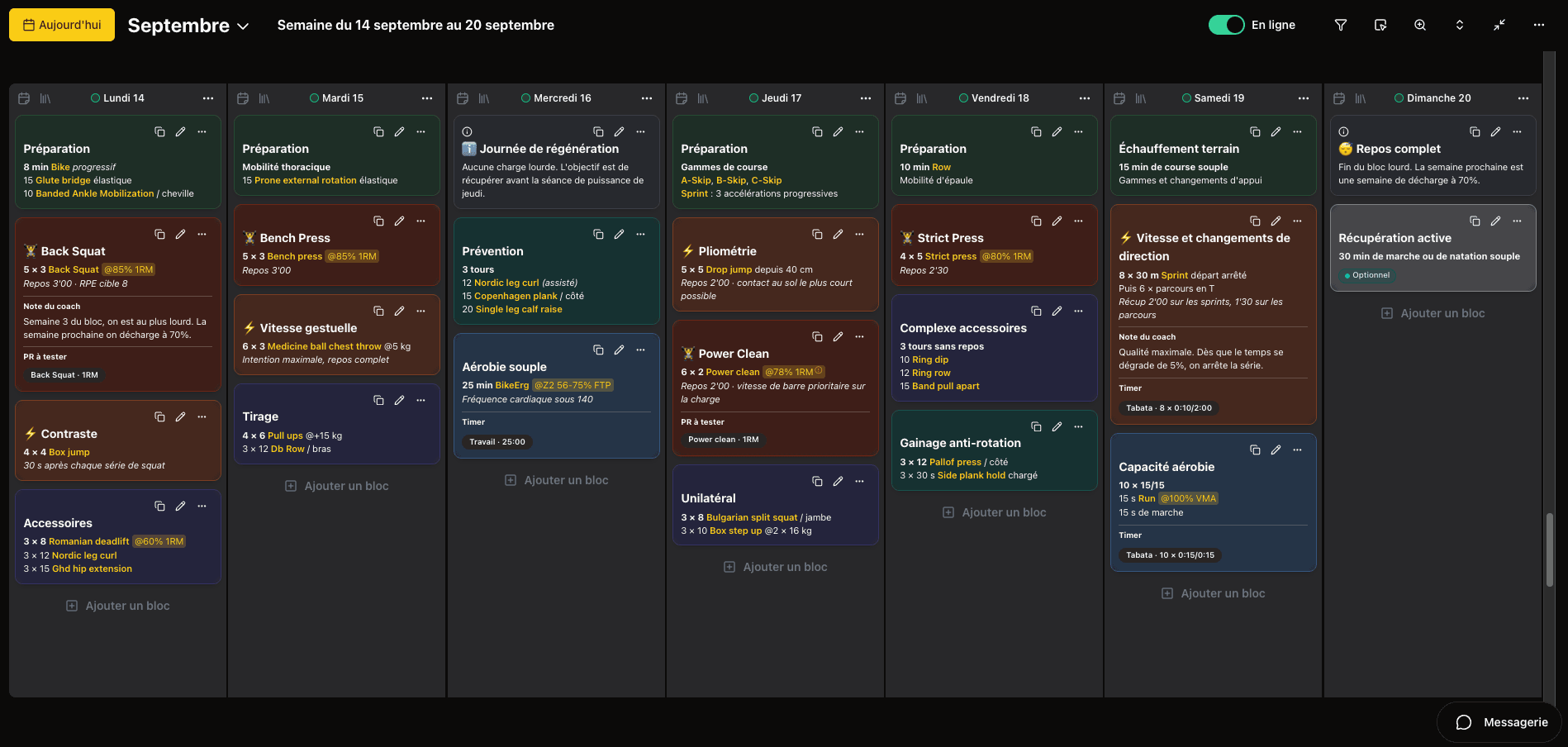L'éditeur de programmation Forged, une semaine complète du lundi au dimanche