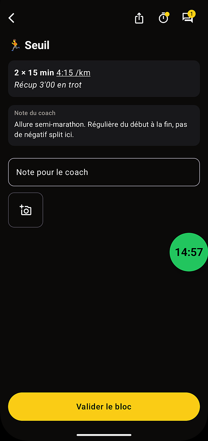 Le bloc de l'athlète, le chrono réduit en pastille