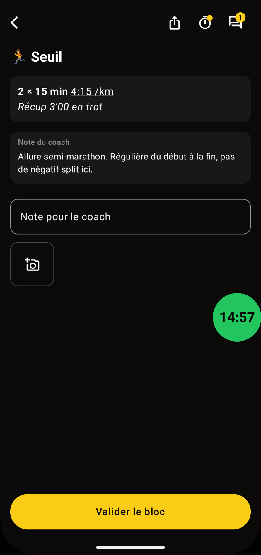 Le bloc de l'athlète, le chrono réduit en pastille